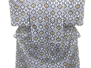 アンティーク　木綿本場久留米絣　斜め市松に花模様単衣着物